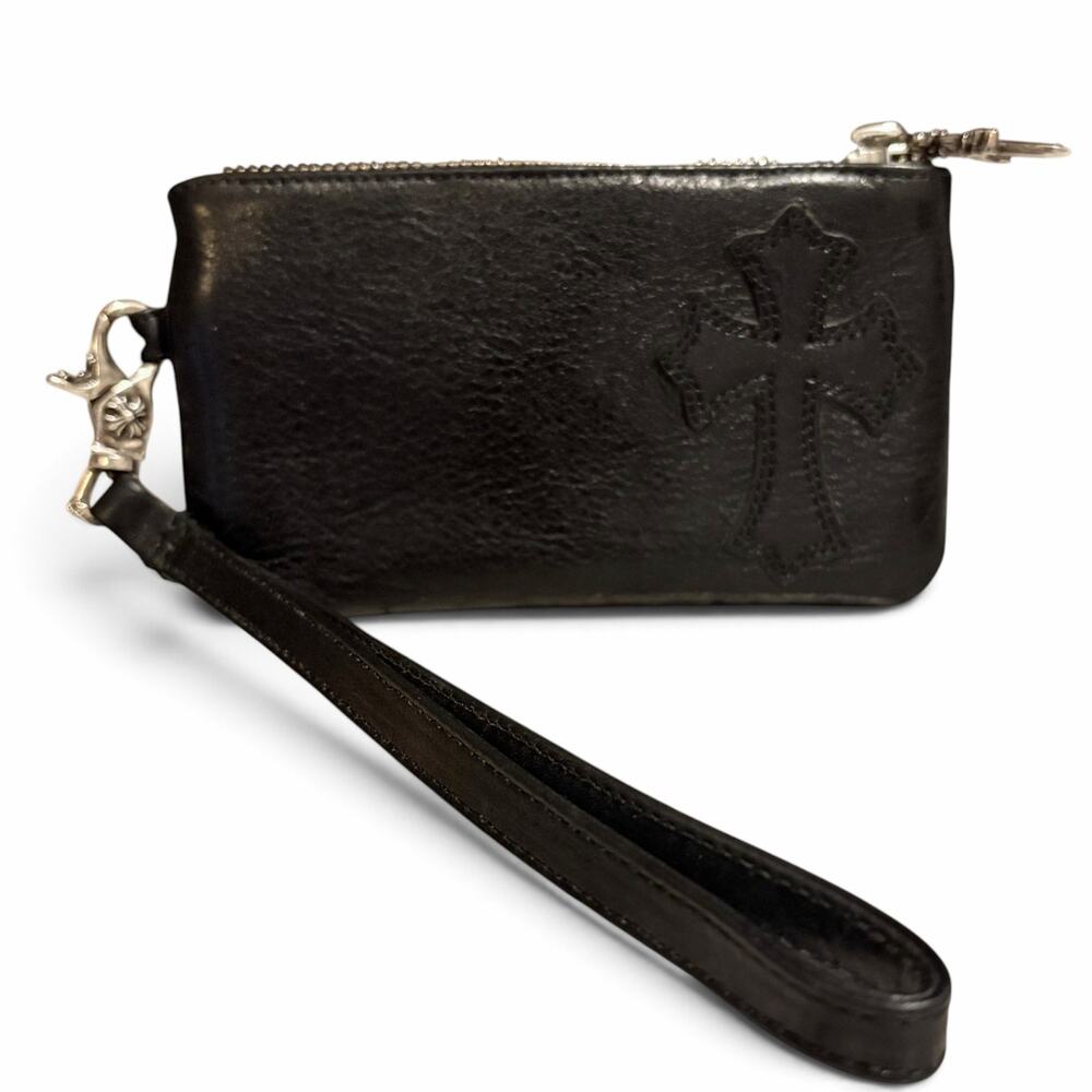 Chrome Hearts Black Leather Cross Patch Wristlet Pouch w/ Detachable Strap & COA